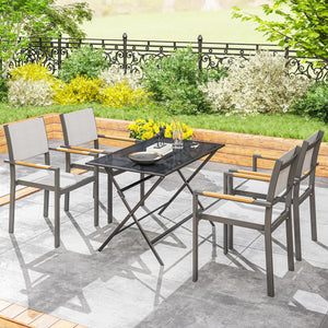Lot de 4 chaises de jardin avec accoudoirs effet bois, chaises de salle à manger cadre en aluminium fauteuils d'extérieur en tissu respirant pour balcon, terrasse, gris clair