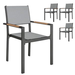Lot de 4 chaises de jardin avec accoudoirs effet bois, chaises de salle à manger cadre en aluminium fauteuils d'extérieur en tissu respirant pour balcon, terrasse, gris clair