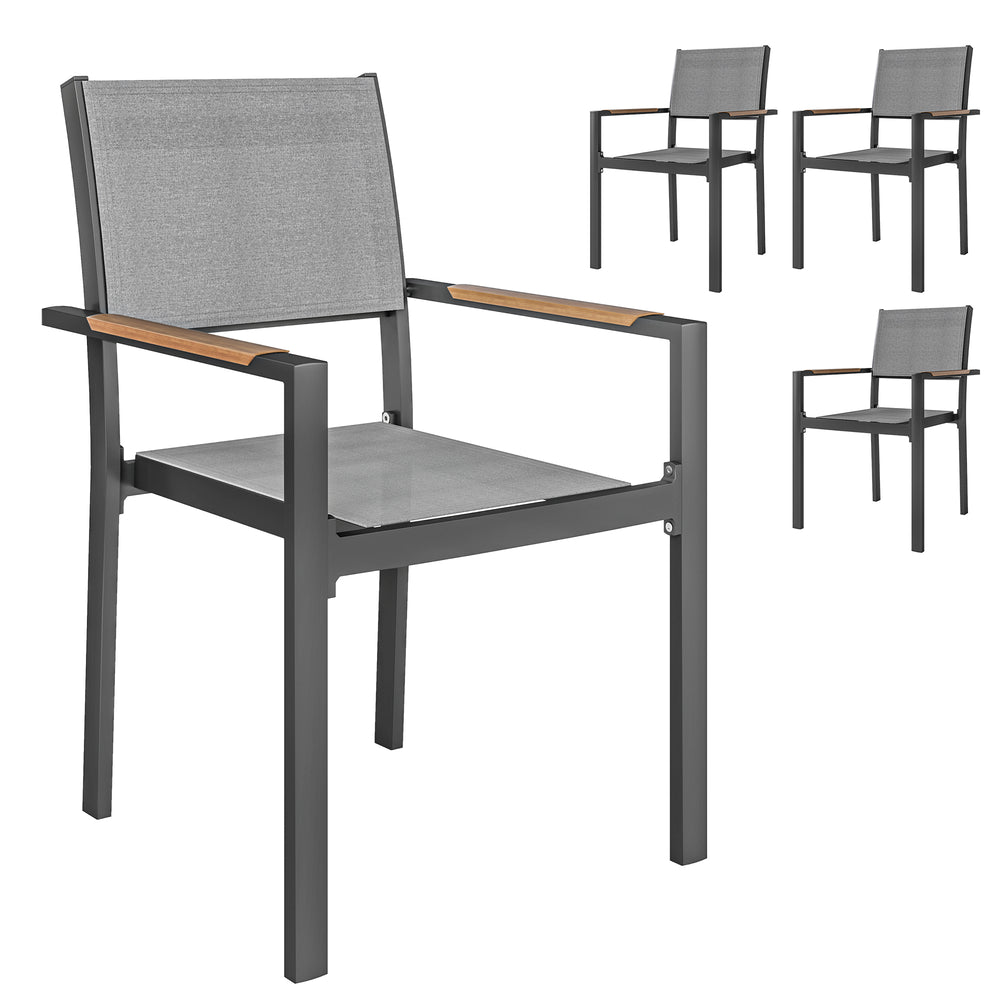 Lot de 4 chaises de jardin avec accoudoirs effet bois, chaises de salle à manger cadre en aluminium fauteuils d'extérieur en tissu respirant pour balcon, terrasse, gris clair