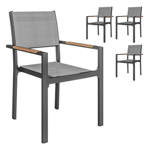 Lot de 4 chaises de jardin avec accoudoirs effet bois, chaises de salle à manger cadre en aluminium fauteuils d'extérieur en tissu respirant pour balcon, terrasse, gris clair