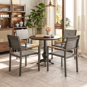 Lot de 4 chaises de jardin avec accoudoirs effet bois, chaises de salle à manger cadre en aluminium fauteuils d'extérieur en tissu respirant pour balcon, terrasse, gris clair