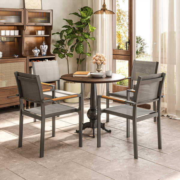 Lot de 4 chaises de jardin avec accoudoirs effet bois, chaises de salle à manger cadre en aluminium fauteuils d'extérieur en tissu respirant pour balcon, terrasse, gris clair