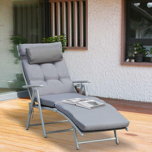 Bain de Soleil Pliable transat inclinable 7 Positions Chaise Longue Grand Confort avec Matelas + accoudoirs métal époxy textilène Polyester Gris