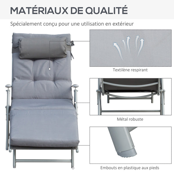 Bain de Soleil Pliable transat inclinable 7 Positions Chaise Longue Grand Confort avec Matelas + accoudoirs métal époxy textilène Polyester Gris