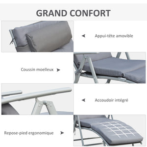 Bain de Soleil Pliable transat inclinable 7 Positions Chaise Longue Grand Confort avec Matelas + accoudoirs métal époxy textilène Polyester Gris