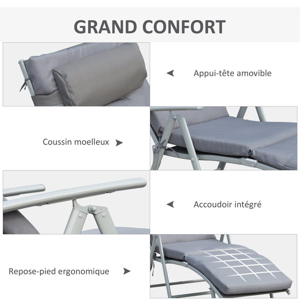 Bain de Soleil Pliable transat inclinable 7 Positions Chaise Longue Grand Confort avec Matelas + accoudoirs métal époxy textilène Polyester Gris