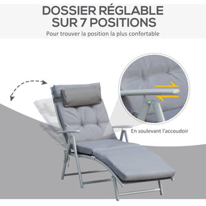 Bain de Soleil Pliable transat inclinable 7 Positions Chaise Longue Grand Confort avec Matelas + accoudoirs métal époxy textilène Polyester Gris