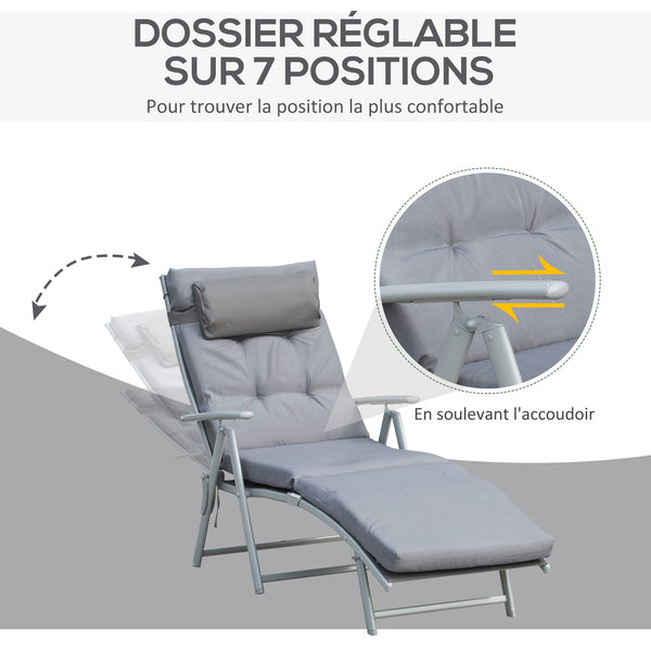 Bain de Soleil Pliable transat inclinable 7 Positions Chaise Longue Grand Confort avec Matelas + accoudoirs métal époxy textilène Polyester Gris