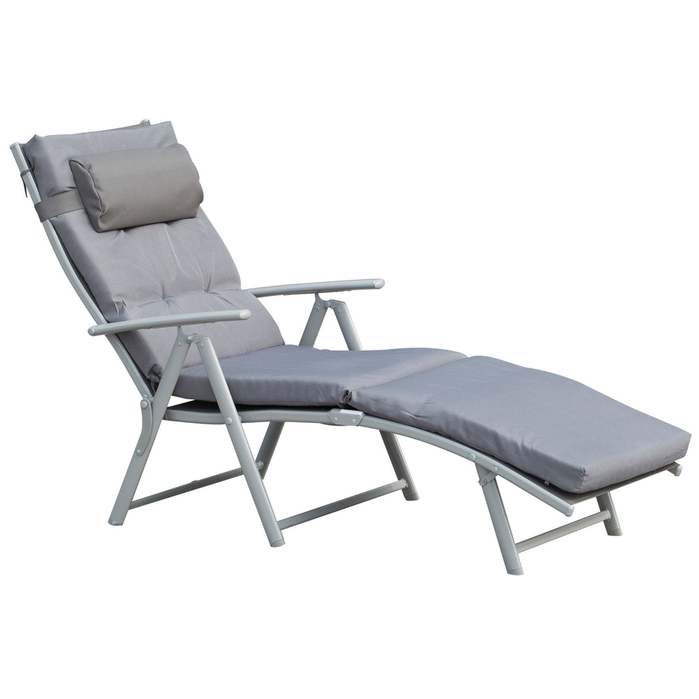 Bain de Soleil Pliable transat inclinable 7 Positions Chaise Longue Grand Confort avec Matelas + accoudoirs métal époxy textilène Polyester Gris