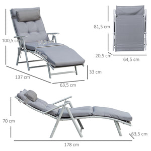 Bain de Soleil Pliable transat inclinable 7 Positions Chaise Longue Grand Confort avec Matelas + accoudoirs métal époxy textilène Polyester Gris