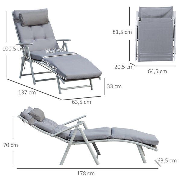 Bain de Soleil Pliable transat inclinable 7 Positions Chaise Longue Grand Confort avec Matelas + accoudoirs métal époxy textilène Polyester Gris