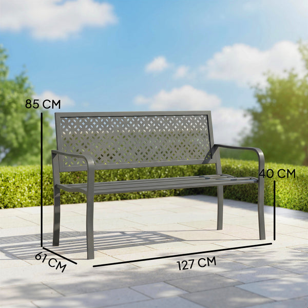 Banc d'extérieur en métal , banc 2 places avec dossier géométrique antirouille et accoudoirs, siège de patio pour balcon, terrasse, parc, gris foncé