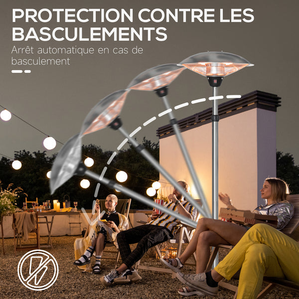 Parasol chauffant électrique 3000W chauffage d'appoint sans CO₂ 13 m² et IP44 - chauffage infrarouge sur pied 3 puissances de chauffe - hauteur réglable de 160 à 200 cm acier inox. argent