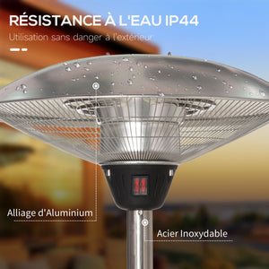Parasol chauffant électrique 3000W chauffage d'appoint sans CO₂ 13 m² et IP44 - chauffage infrarouge sur pied 3 puissances de chauffe - hauteur réglable de 160 à 200 cm acier inox. argent