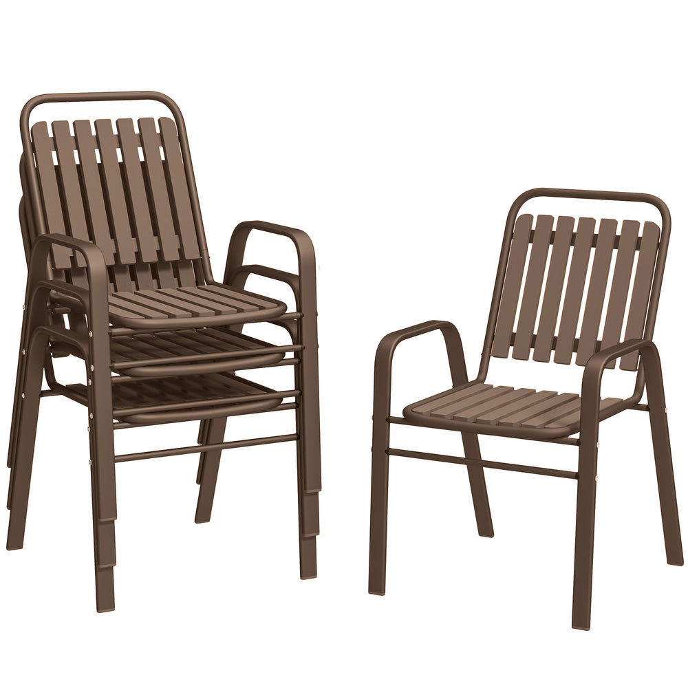 Lot de 4 chaises de jardin chaises empilables d'extérieur avec haut dossier et accoudoirs, cadre en acier pour jardin, piscine, terrasse, marron foncé