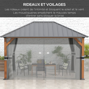 Tonnelle de jardin extérieur 4 x 3 m pavillon de jardin avec toit rigide en métal galvanisé, structure en aluminium, rideaux et moustiquaires, gris et marron