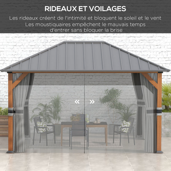 Tonnelle de jardin extérieur 4 x 3 m pavillon de jardin avec toit rigide en métal galvanisé, structure en aluminium, rideaux et moustiquaires, gris et marron