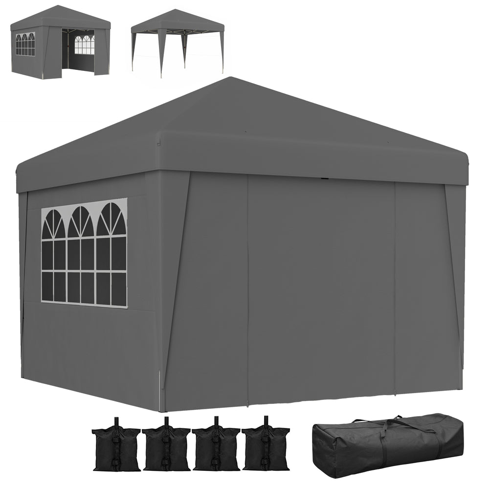 Tonnelle de jardin pop-up pliante tonnelle barnum tente de réception 3 x 3 m anti-UV 30 + avec fenêtres parois latérales sac de transport sacs de sable gris foncé