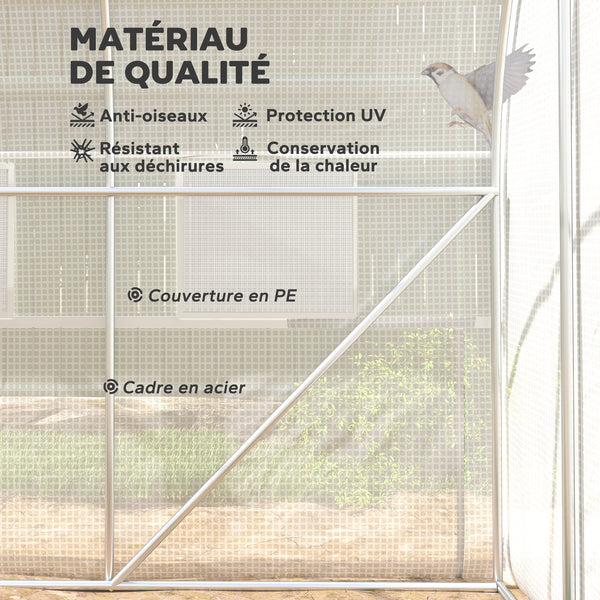 Serre de jardin tunnel, serre tunnel 6 m² avec 6 fenêtres et 1 porte enroulable, toile PE structure en acier galvanisé, blanc