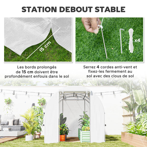 Serre de jardin tunnel, serre tunnel 6 m² avec 6 fenêtres et 1 porte enroulable, toile PE structure en acier galvanisé, blanc
