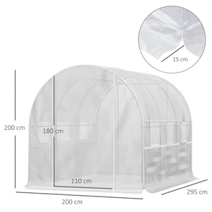 Serre de jardin tunnel, serre tunnel 6 m² avec 6 fenêtres et 1 porte enroulable, toile PE structure en acier galvanisé, blanc
