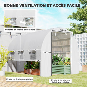 Serre de jardin tunnel, serre tunnel 6 m² avec 6 fenêtres et 1 porte enroulable, toile PE structure en acier galvanisé, blanc