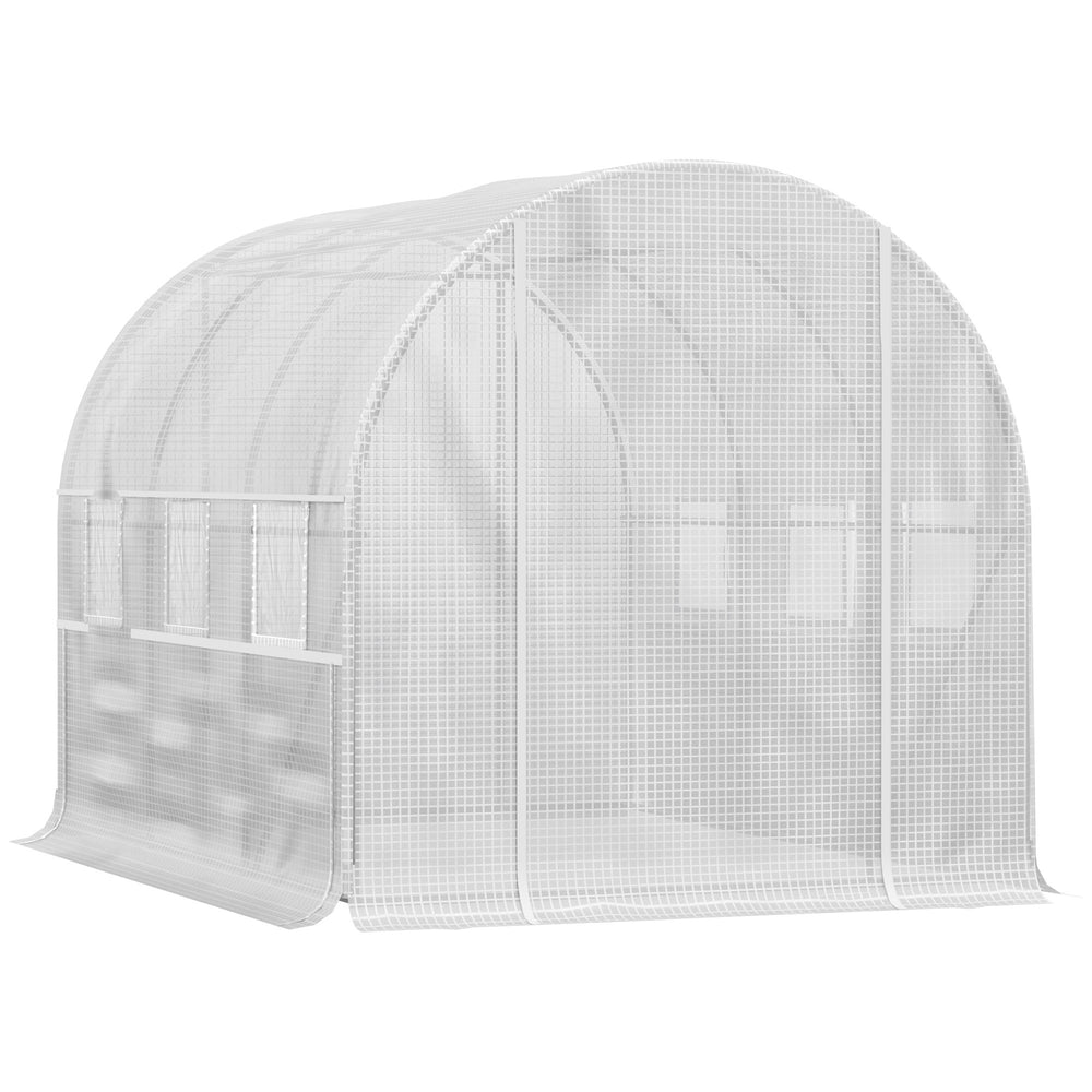 Serre de jardin tunnel, serre tunnel 6 m² avec 6 fenêtres et 1 porte enroulable, toile PE structure en acier galvanisé, blanc