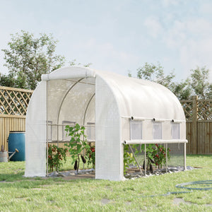 Serre de jardin tunnel, serre tunnel 6 m² avec 6 fenêtres et 1 porte enroulable, toile PE structure en acier galvanisé, blanc