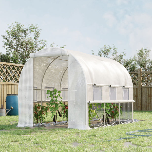 Serre de jardin tunnel, serre tunnel 6 m² avec 6 fenêtres et 1 porte enroulable, toile PE structure en acier galvanisé, blanc