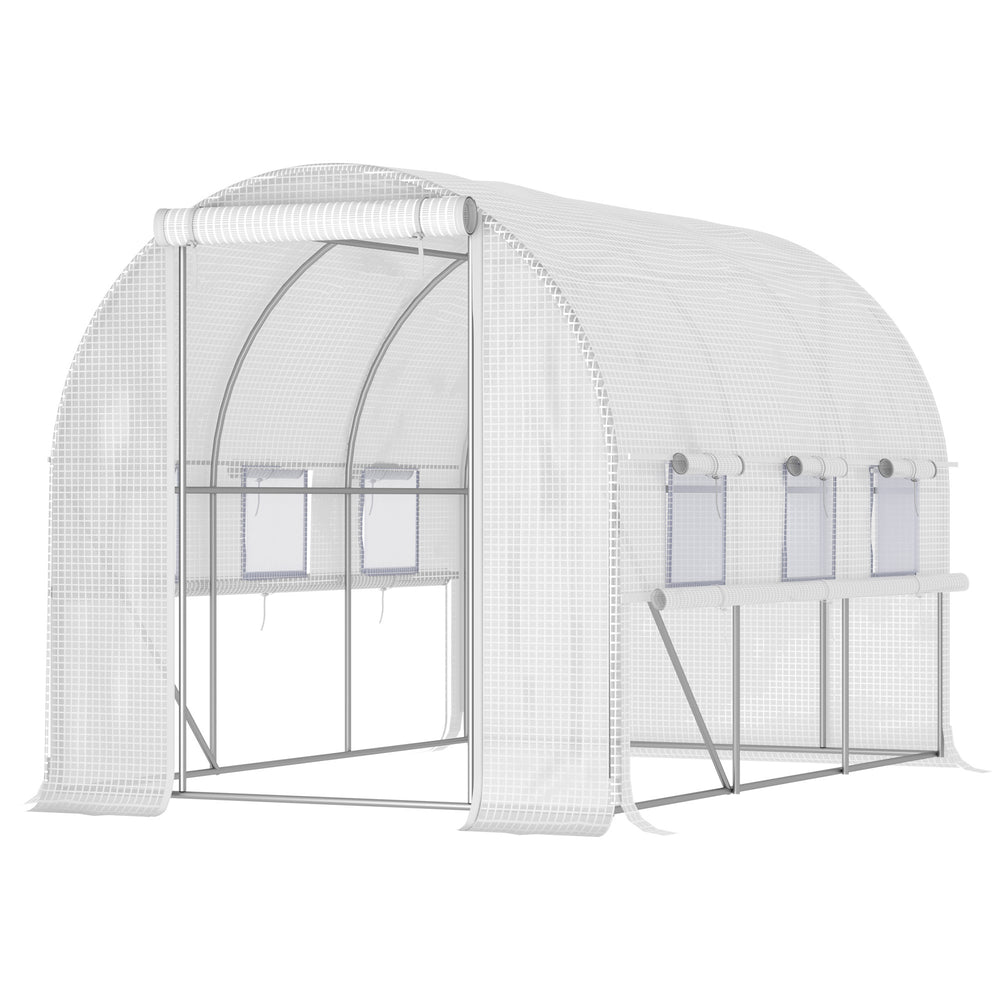 Serre de jardin tunnel, serre tunnel 6 m² avec 6 fenêtres et 1 porte enroulable, toile PE structure en acier galvanisé, blanc