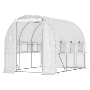 Serre de jardin tunnel, serre tunnel 6 m² avec 6 fenêtres et 1 porte enroulable, toile PE structure en acier galvanisé, blanc