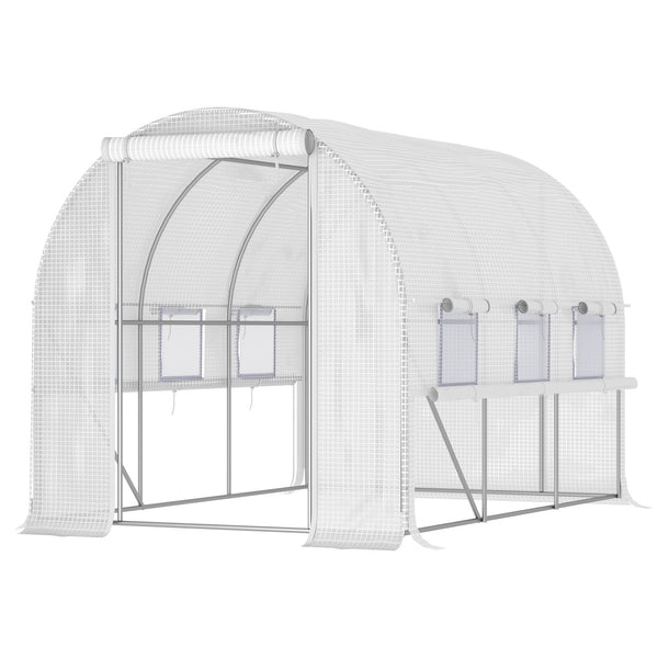 Serre de jardin tunnel, serre tunnel 6 m² avec 6 fenêtres et 1 porte enroulable, toile PE structure en acier galvanisé, blanc