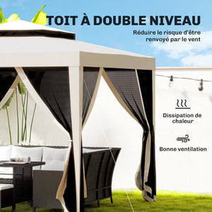 Tonnelle barnum de jardin 3L x 3l m avec 4 moustiquaires amovibles - double toit - beige