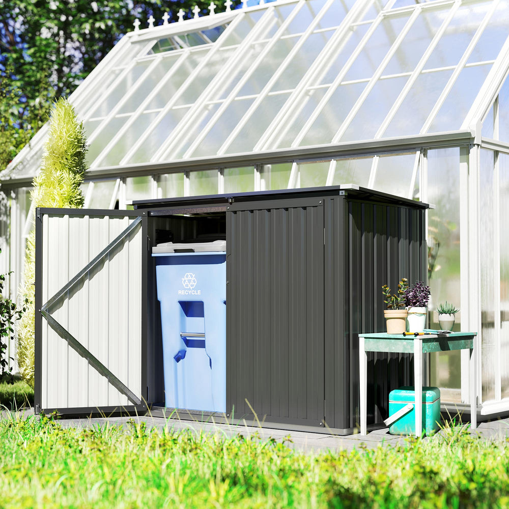 Cache Poubelle Extérieur 1,2 m², 150x80x117cm, Abri de Jardin en Acier Galvanisé pour 2 Poubelles, Double Porte à Serrures, Couvercle Relevable à Charnière, Rangement pour Vélo, Outils
