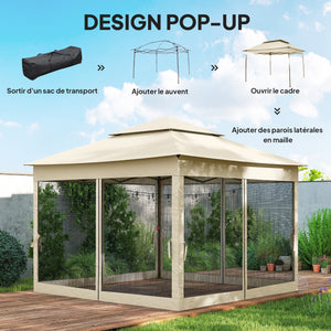 Tonnelle de jardin exterieur Pop-up barum Pliant, 3 x 3 m, Métal Polyester, imperméabilisé Anti UV, moustiquaires + Sac de Transport, crème