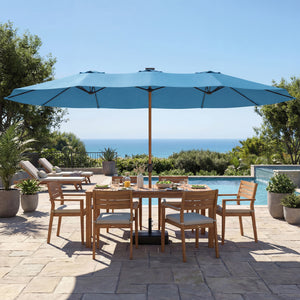 Parasol de jardin double 5 x 3 m, parasol de jardin extérieur avec base incluse, manivelle, polyester 180g/m², protection UV, pour patio, terrasse, bleu