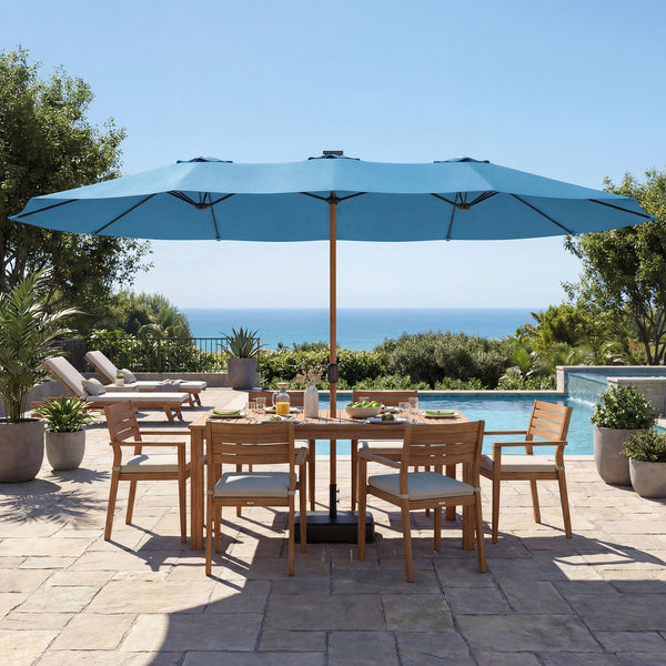 Parasol de jardin double 5 x 3 m, parasol de jardin extérieur avec base incluse, manivelle, polyester 180g/m², protection UV, pour patio, terrasse, bleu