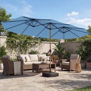 Parasol de jardin double 5 x 3 m, parasol de jardin extérieur avec base incluse, manivelle, polyester 180g/m², protection UV, pour patio, terrasse, bleu