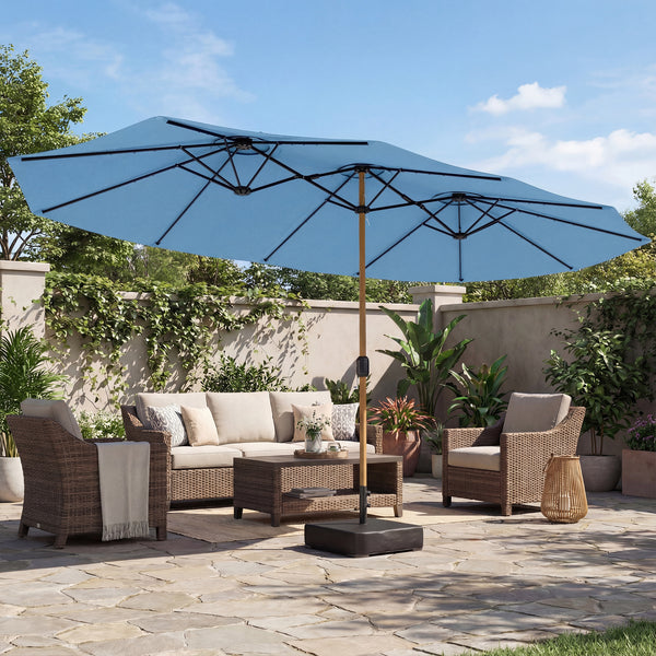 Parasol de jardin double 5 x 3 m, parasol de jardin extérieur avec base incluse, manivelle, polyester 180g/m², protection UV, pour patio, terrasse, bleu