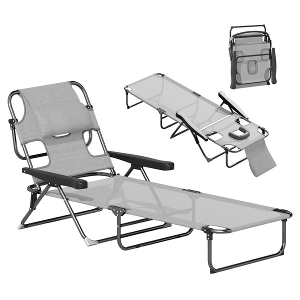 Bain de soleil chaise longue pliante avec appuie-tête, trou de lecture, dossier inclinable en textilène, transat jardin extérieur pour plage relax camping piscine terrasse, gris