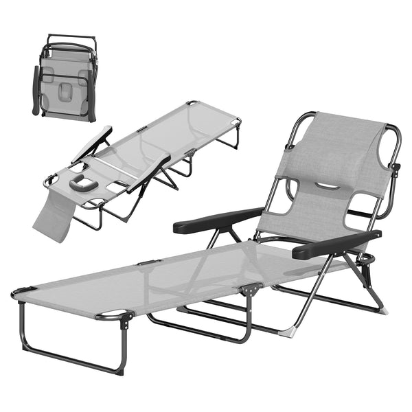 Bain de soleil chaise longue pliante avec appuie-tête, trou de lecture, dossier inclinable en textilène, transat jardin extérieur pour plage relax camping piscine terrasse, gris