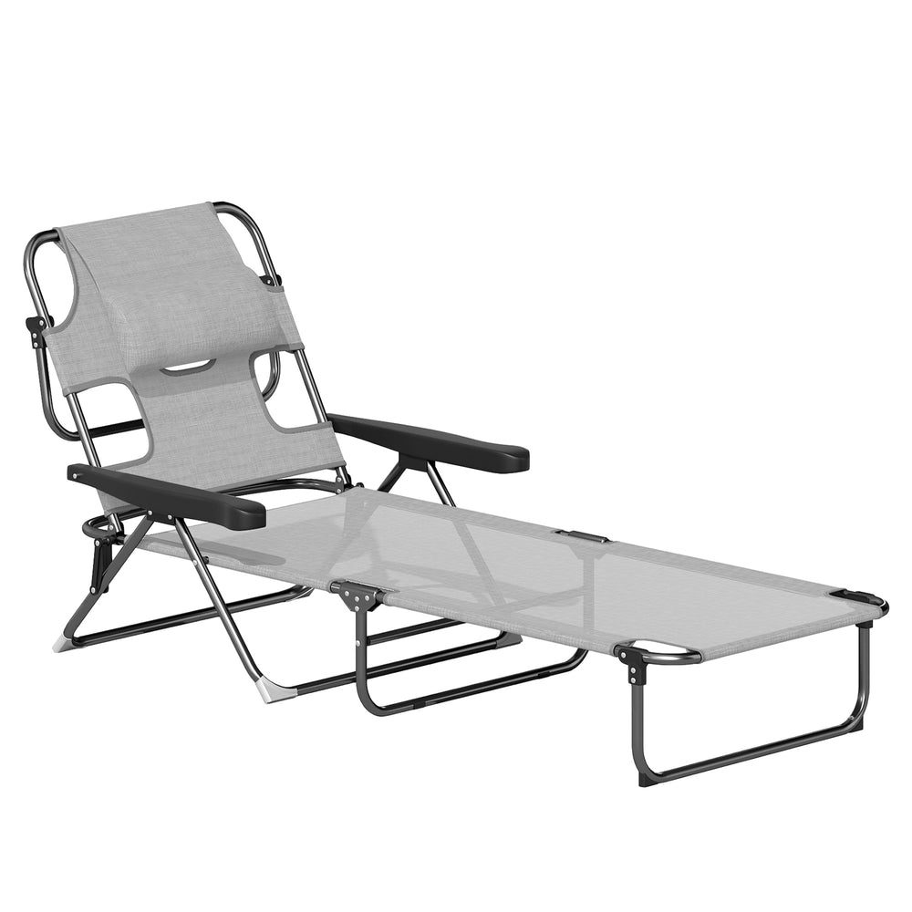 Bain de soleil chaise longue pliante avec appuie-tête, trou de lecture, dossier inclinable en textilène, transat jardin extérieur pour plage relax camping piscine terrasse, gris