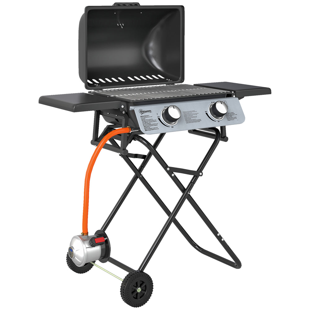 Barbecue gaz transportable pliable, 2 brûleurs 5,6 kW barbecue gaz de camping avec grille de cuisson, étagères latérales, couvercle, thermomètre et roues, pour camping, jardin et balcon noir