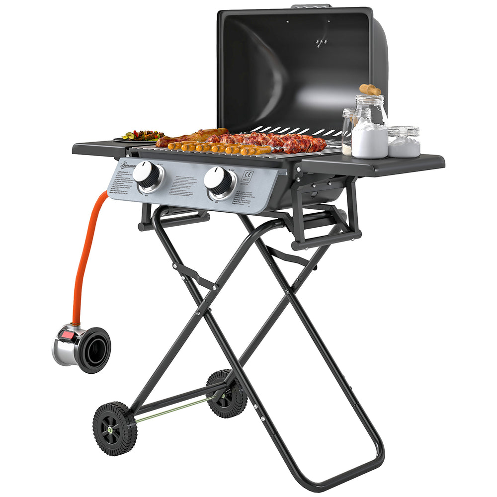 Barbecue gaz transportable pliable, 2 brûleurs 5,6 kW barbecue gaz de camping avec grille de cuisson, étagères latérales, couvercle, thermomètre et roues, pour camping, jardin et balcon noir