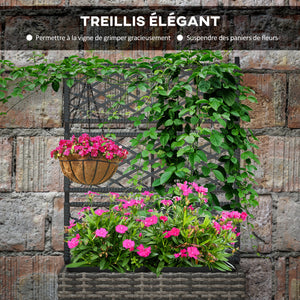 Jardinière pour plantes avec treillis 2 pots bac à plante jardinière 22L jardin balcon patio terrasse extérieur en résine tressée et acier 57 x 30 x 107 cm gris