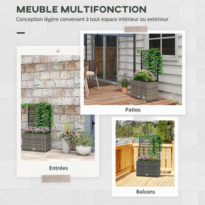 Jardinière pour plantes avec treillis 2 pots bac à plante jardinière 22L jardin balcon patio terrasse extérieur en résine tressée et acier 57 x 30 x 107 cm gris