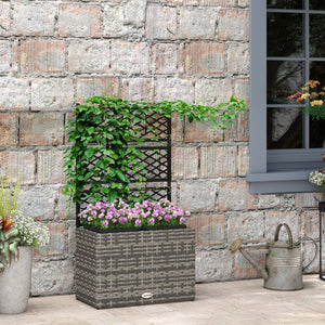 Jardinière pour plantes avec treillis 2 pots bac à plante jardinière 22L jardin balcon patio terrasse extérieur en résine tressée et acier 57 x 30 x 107 cm gris