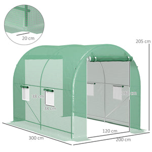 Serre de Jardin Tunnel Surface Sol 6 m² 3L x 2l x 2,10H m châssis Tubulaire renforcé Double Porte zippée 4 fenêtres enroulables Vert