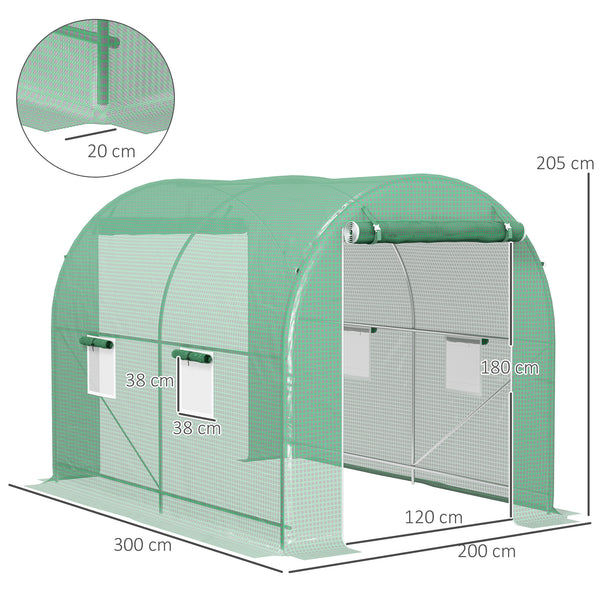 Serre de Jardin Tunnel Surface Sol 6 m² 3L x 2l x 2,10H m châssis Tubulaire renforcé Double Porte zippée 4 fenêtres enroulables Vert
