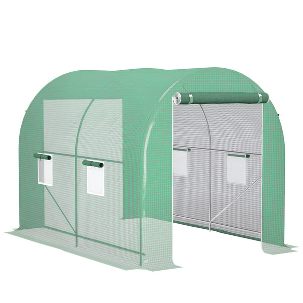 Serre de Jardin Tunnel Surface Sol 6 m² 3L x 2l x 2,10H m châssis Tubulaire renforcé Double Porte zippée 4 fenêtres enroulables Vert